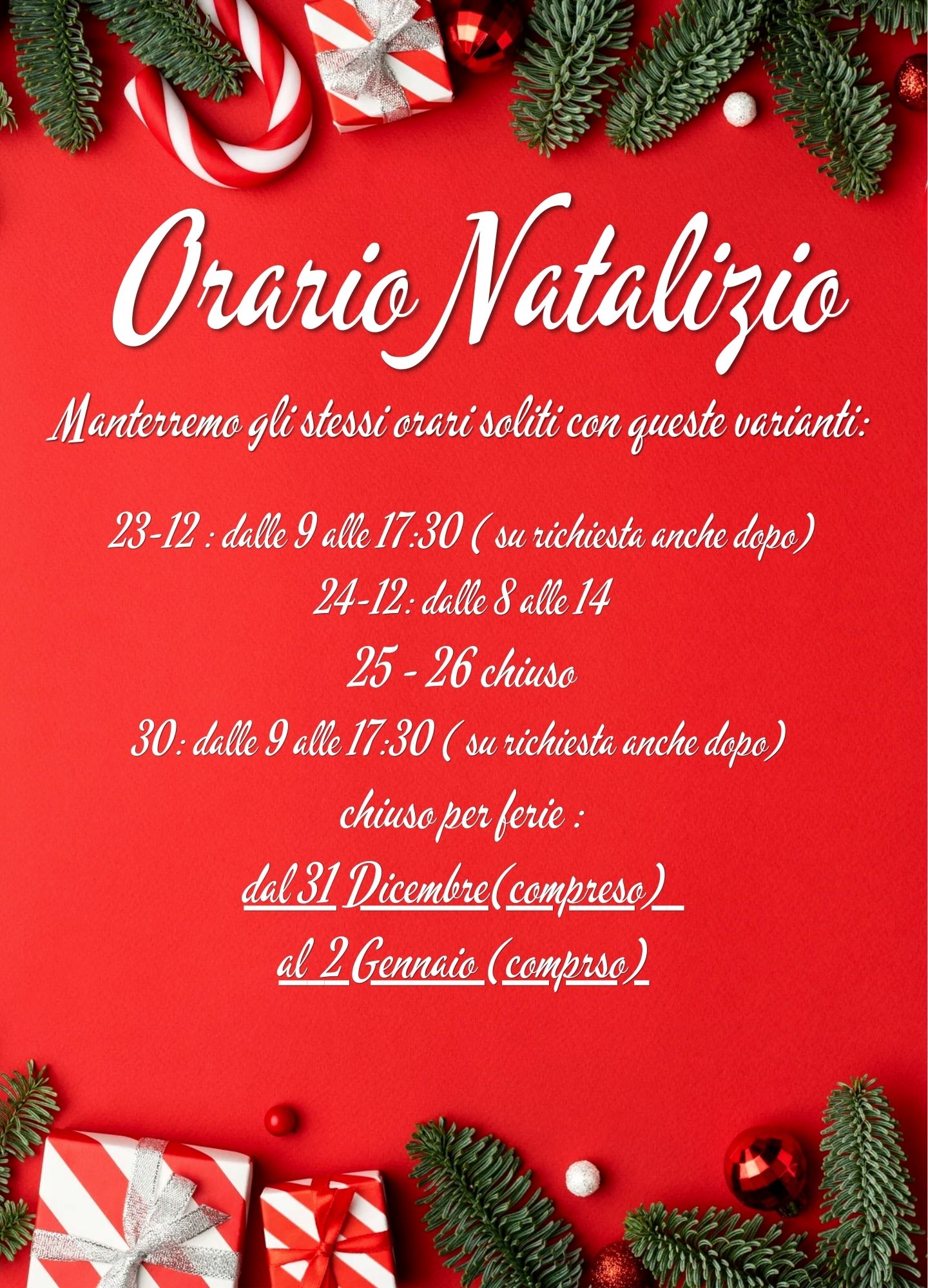 I nostri orari di Natale